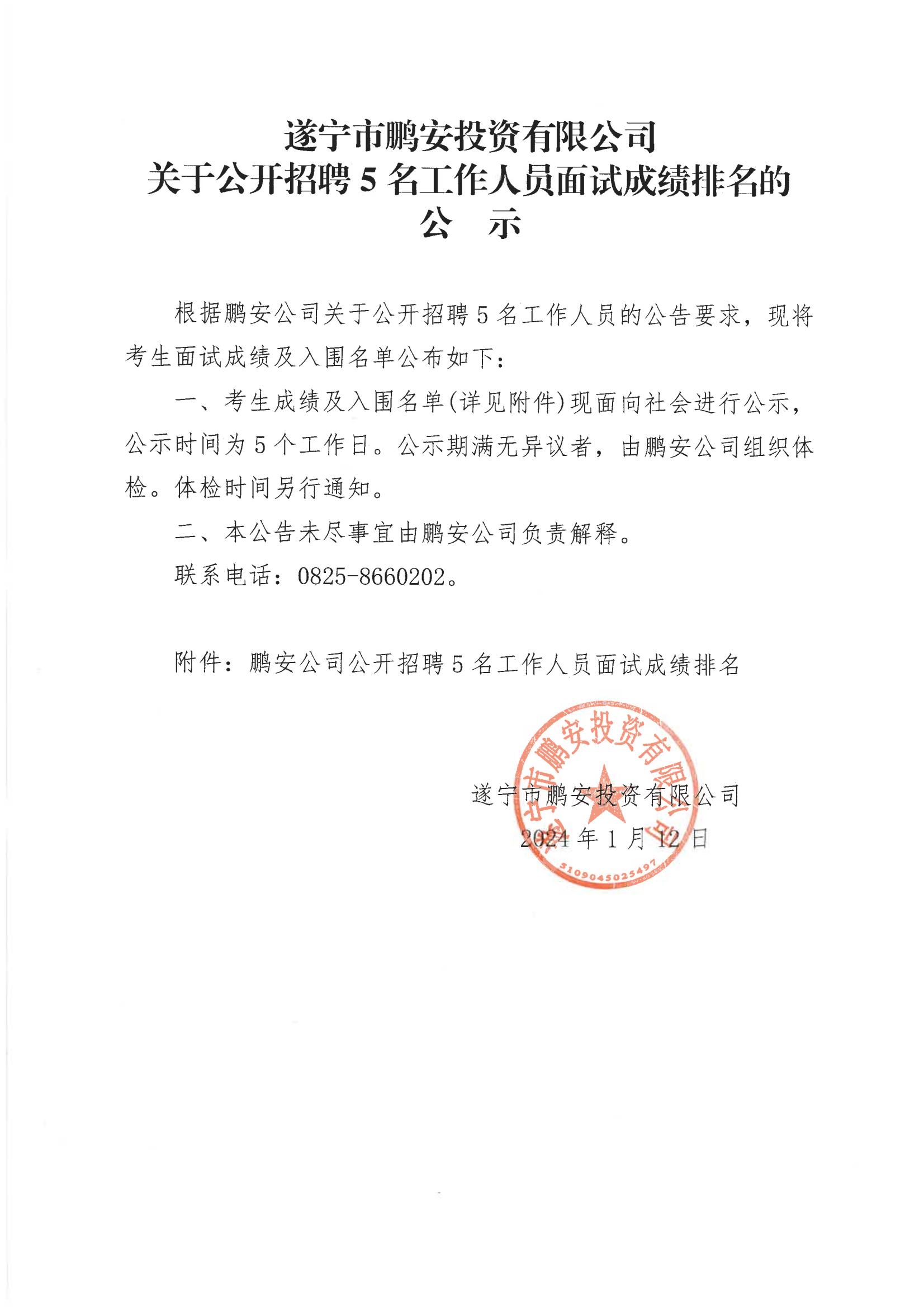 关于公开招聘5名工作人员面试成绩排名的公示