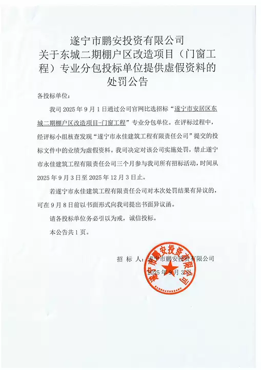 关于东城二期棚户区改造项目(门窗工程)专业分包投标单位提供虚假资料的处罚公告