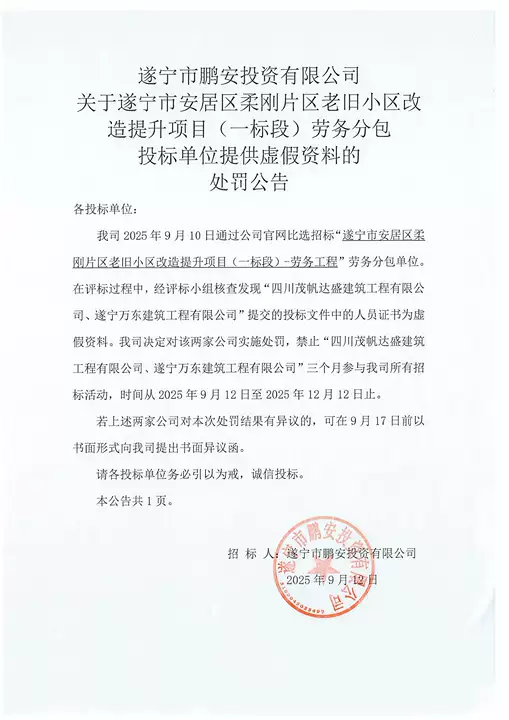 遂宁市鹏安投资有限公司关于遂宁市安居区柔刚片区老旧小区改造提升项目(一标段)劳务分包投标单位提供虚假资料的处罚公告